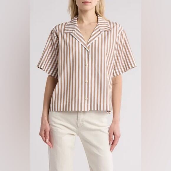 Rag & Bone Women’s Reese Oversized Tan White Striped Button Shirt Size S NWT